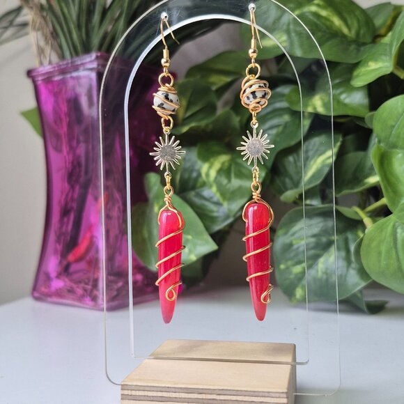 Wire Wrapped Red Vein Agate / Dalmatian Jasper Earrings - Picture 5 of 5